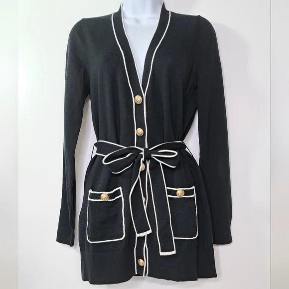 L'AGENCE Black and White Ronny Piped Wool and Cotton Cardigan Size XS - Picture 2 of 12